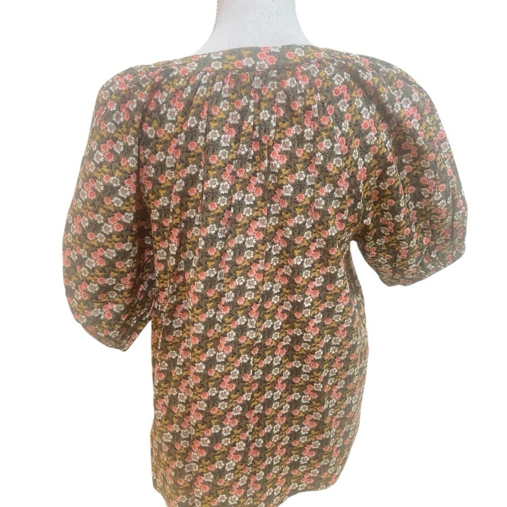 Loft olive peach floral peasant cotton blouse split neck puff sleeves medium - Picture 9 of 11